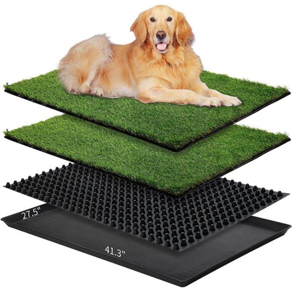 Dog Grass Pad with Tray(41.3×27.5 in), Large Reusable 3-Layer Dog Pee Grass Pads